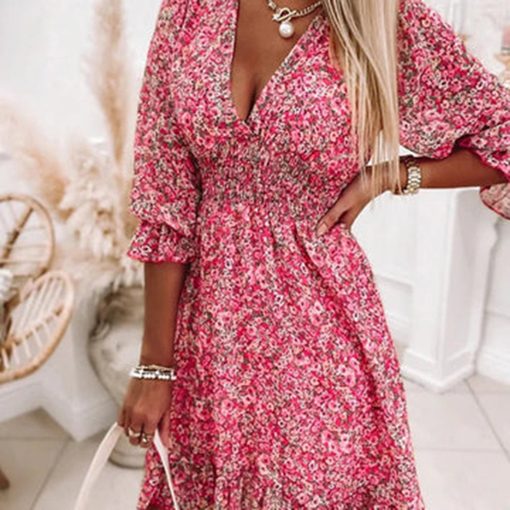 "Elegante luchtige midi zomerjurk voor dames met V-hals, korte mouwen in roze, blauw en groen, ideaal voor zomerdagen"