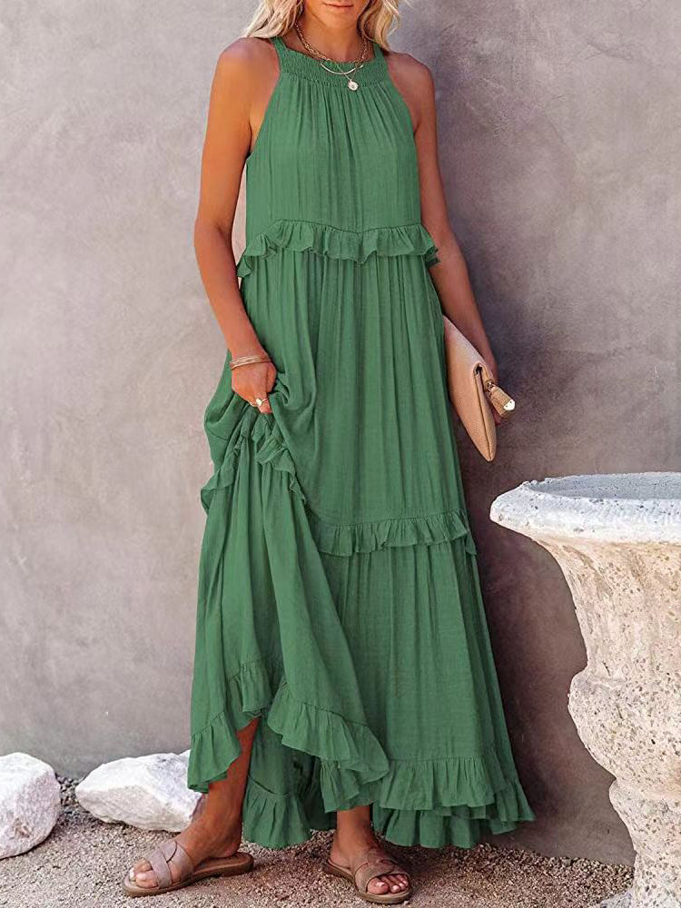 Comfortabele losvallende zomerjurk Noor voor dames, een mouwloze maxi met strikdetail, ideaal voor strand of casual.