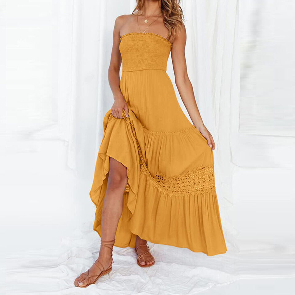 Lange dames off-shoulder jurk Isaline met gedetailleerd kant, een veelzijdige keuze voor casual of elegante events.