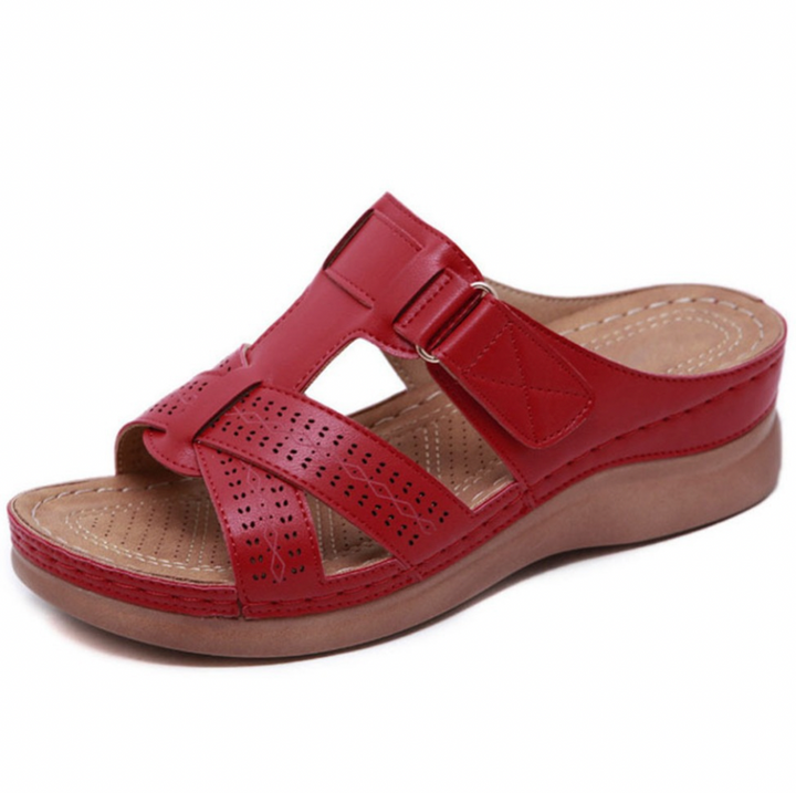 Elegante orthopedische dames sandalen met comfortabel design, verkrijgbaar in blauw, bruin, donkerblauw, rood en wijnrood.