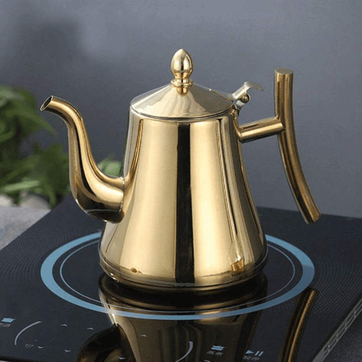 "Elegante roestvrijstalen inductie waterkoker met filter, snelle verhitting, modern design, geschikt voor elke keuken."