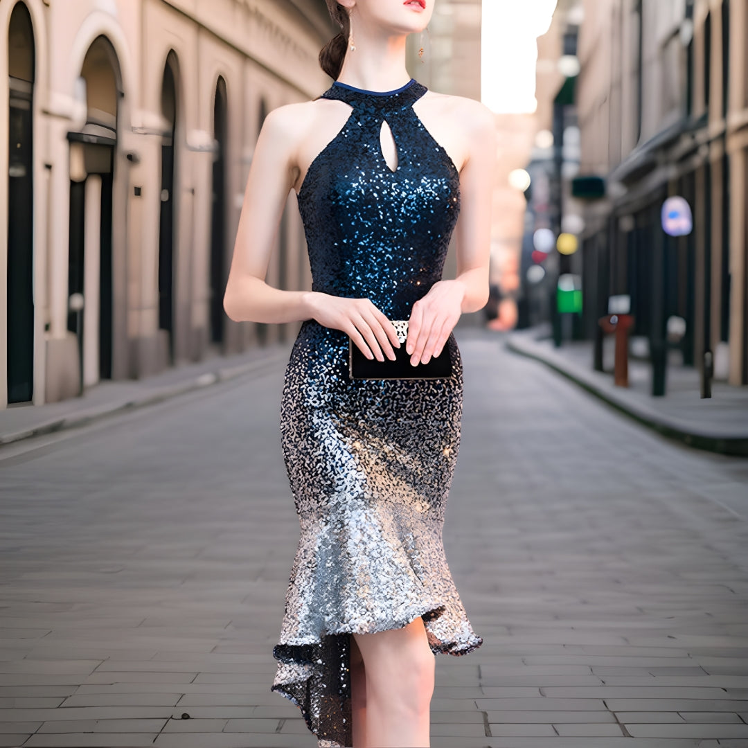 Stijlvolle pailletten feestjurk voor dames, perfect als cocktailjurk of avondkleding. Sprankelende glitter mini-jurk.