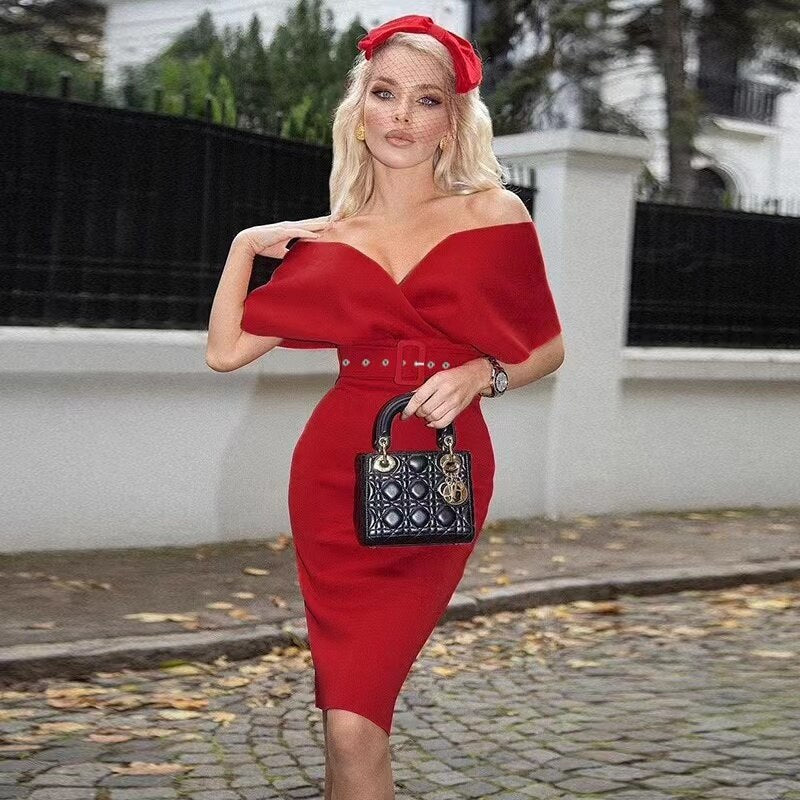 Chique off-shoulder avondjurk voor dames. Een elegante midi feestjurk, tijdloos en stijlvol.