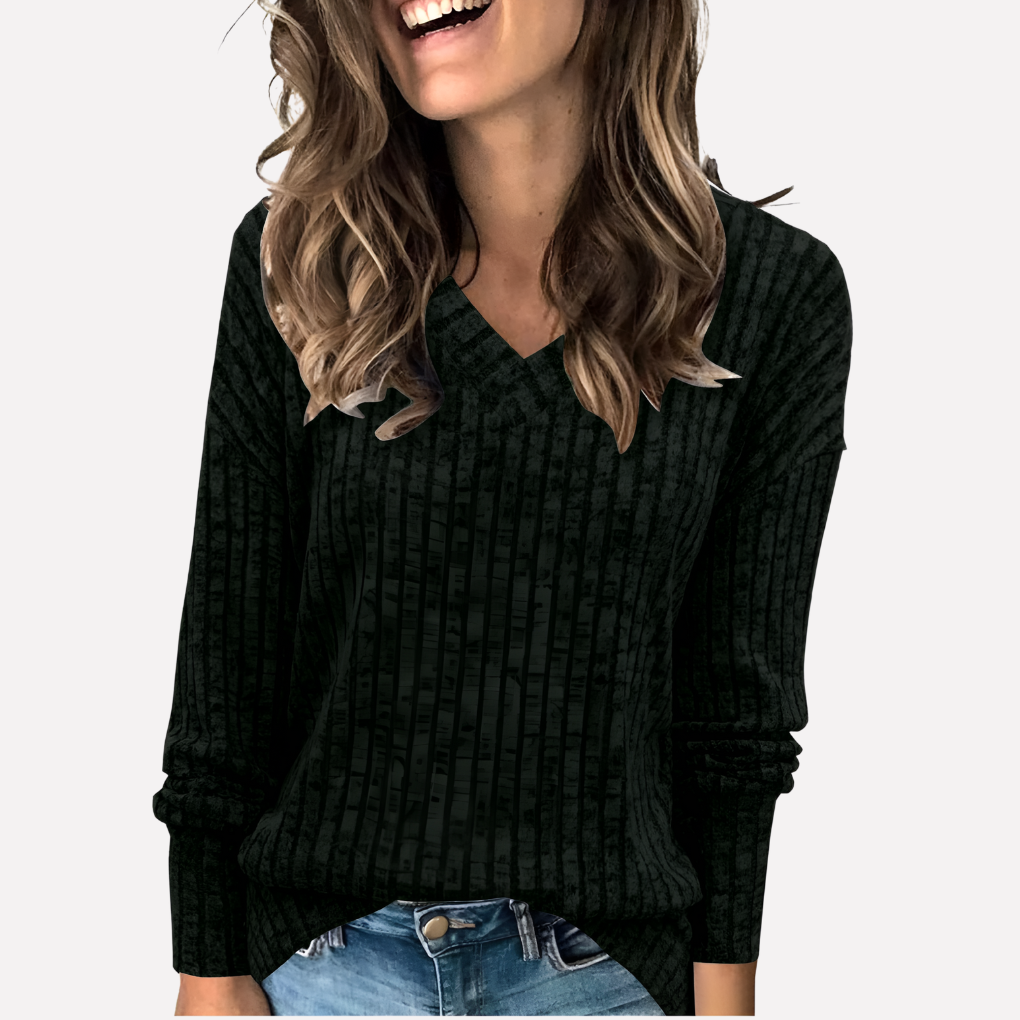 Vrouwen lange mouwen top met V-hals in herfstkleuren zoals roest en lichtgrijs. Perfect voor overgangsseizoen.