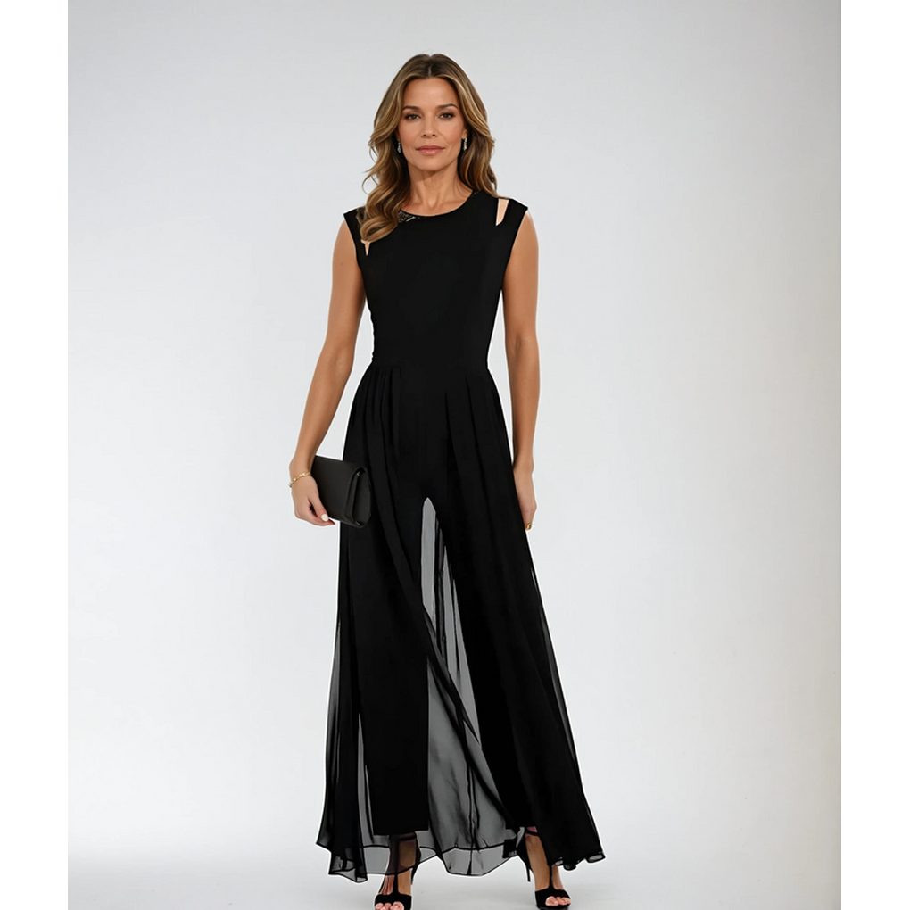 Elegante zwarte dames jumpsuit, mouwloos met wijde pijpen, ideaal voor avondkleding of een stijlvolle outfit.