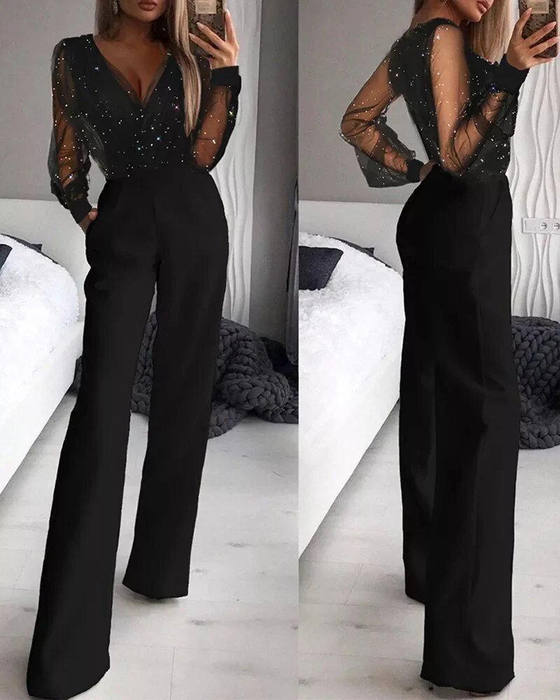 Elegante zwarte glitter dames jumpsuit 'Aurora' voor feestjes en avondoutfits. Chique en comfortabele glamour look.
