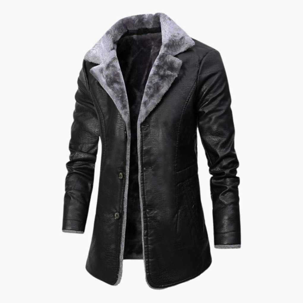 Elegante zwarte mannen winterjas met capuchon, gestikt design, ideaal voor warme en stijlvolle winterdagen.