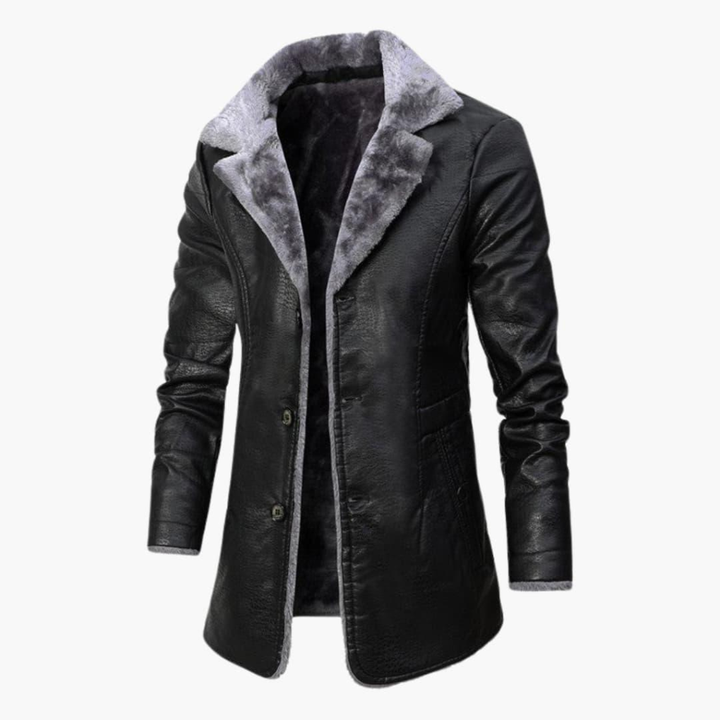 Elegante zwarte mannen winterjas met capuchon, gestikt design, ideaal voor warme en stijlvolle winterdagen.