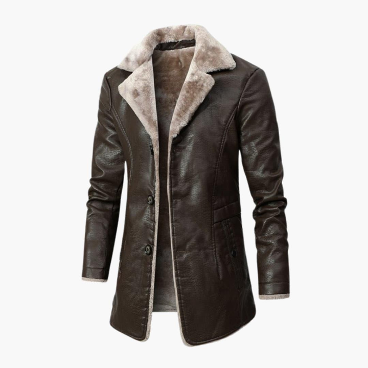 Warm gestikt bruin heren donsjack met capuchon, perfecte bovenkleding voor de koude wintermode.