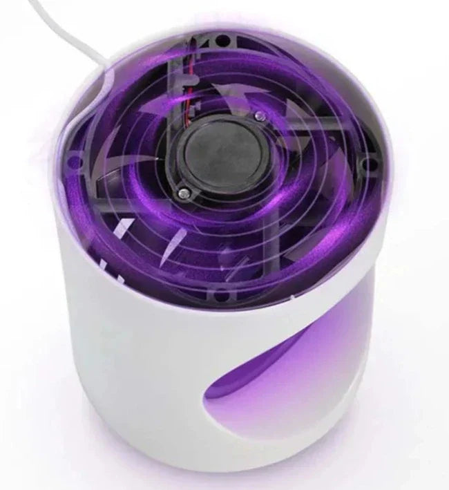 "Elektrische muggenlamp met LED Bionic Violet Wave technologie, moderne witte behuizing, ideaal voor insectenvrije nachten."