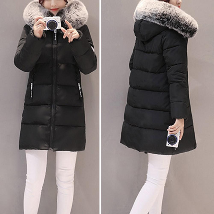 Elegante halflange Elinora dames winterjas, windbestendig en warm, perfect voor trendy winterlooks.