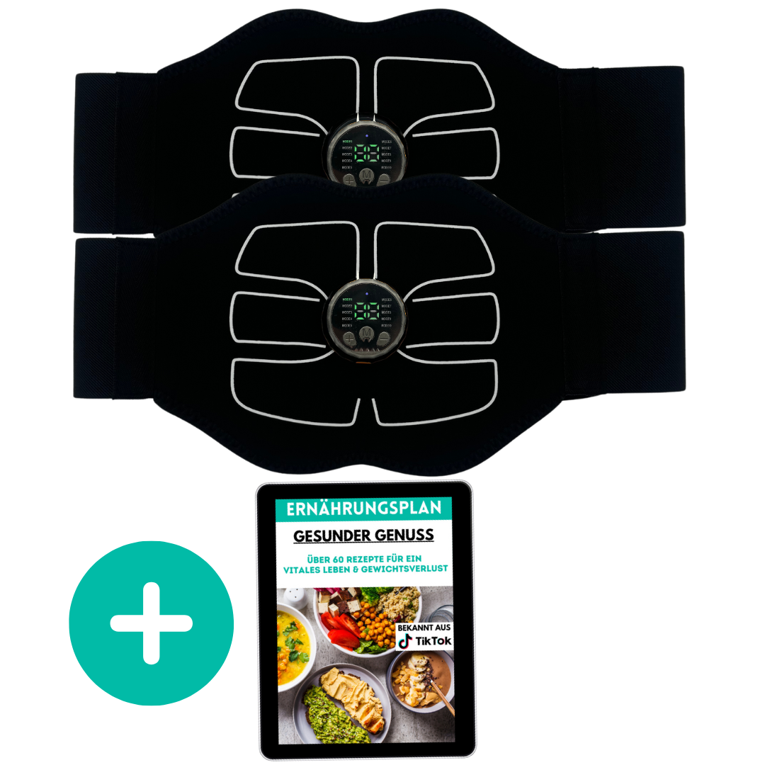 Complete set van de CorePulse EMS buiktrainer voor thuis, inclusief accessoires voor effectieve training.