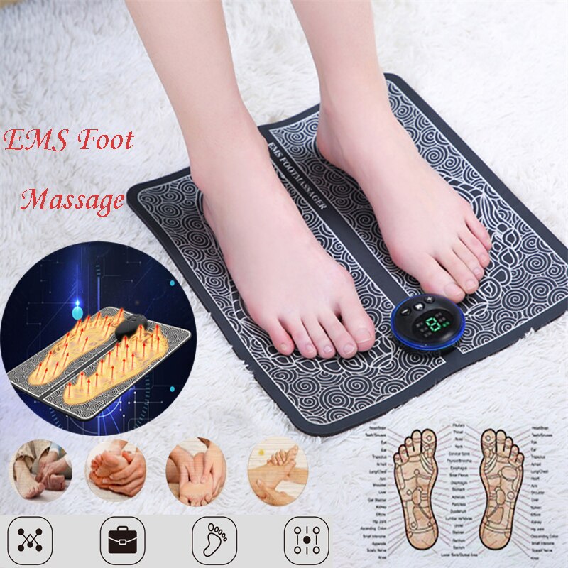 Compact EMS voetmassageapparaat met alle accessoires, klaar voor ontspannende voetmassage.
