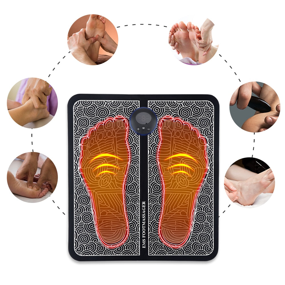 Close-up van het EMS voetmassageapparaat, toont de comfortabele pads voor effectieve voetverzorging.