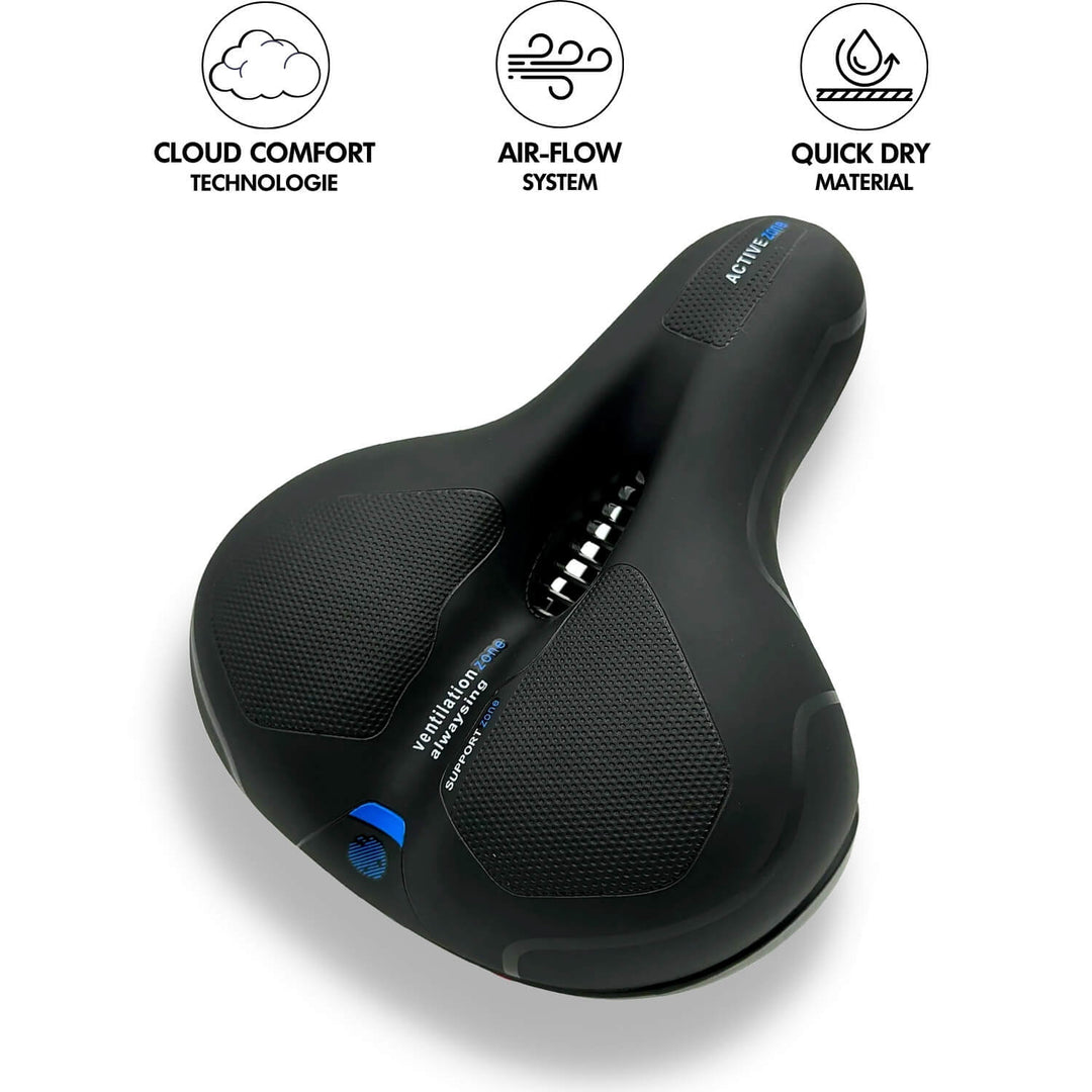 CLOUDCOMFORT PRO fietszadel van bovenaf. Brede, comfortabele zit voor sportief en recreatief fietsen.