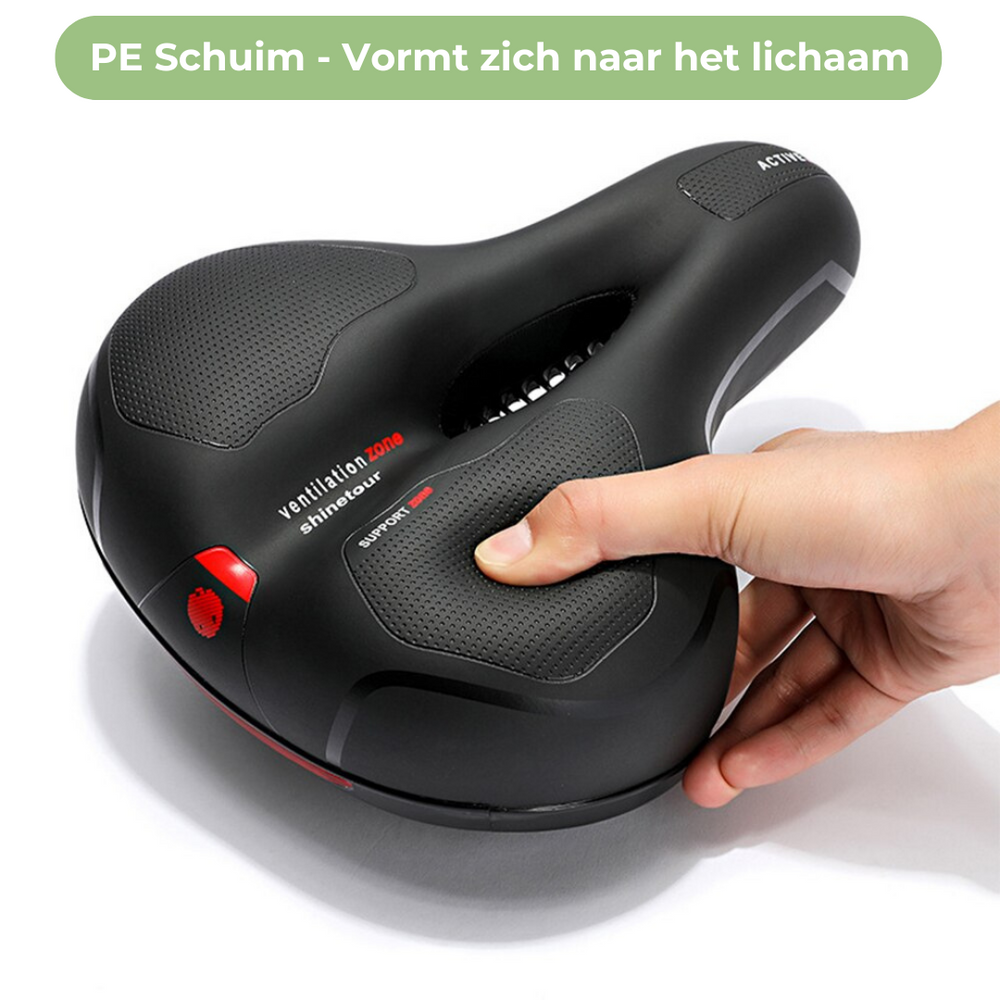 RideEase fietszadel, ergonomisch ontwerp met vering en waterdicht oppervlak, ideaal voor comfortabel fietsen.