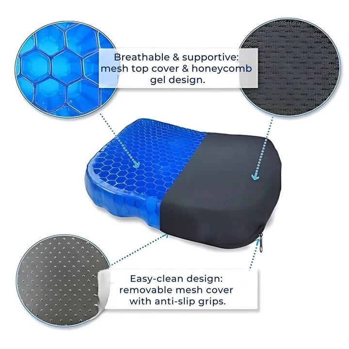 Ergonomisch zitkussen voor kantoorstoel, met gel voor drukverlichting en minder rug- en staartbeenpijn bij lang zitten.