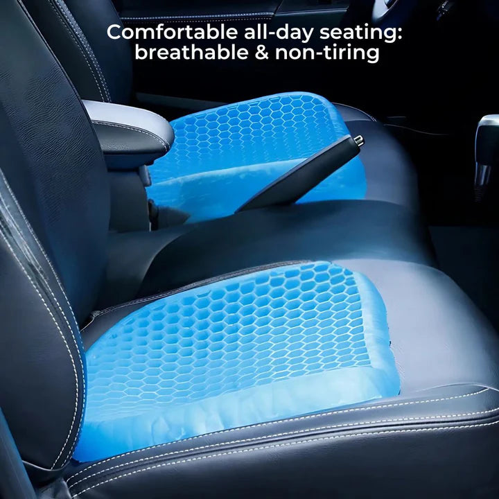Comfortabel gel zitkussen voor auto of rolstoel. Ergonomisch ontwerp helpt rug- en staartbeenpijn te verminderen onderweg.