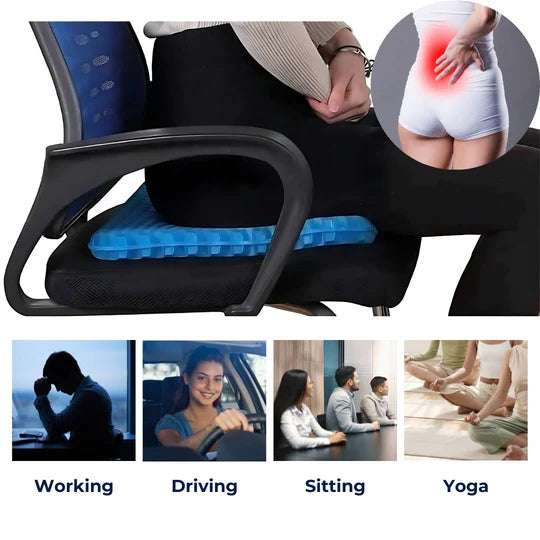 Orthopedisch zitkussen met gel technologie. Biedt ergonomische ondersteuning en verlichting bij rug- en staartbeenklachten.