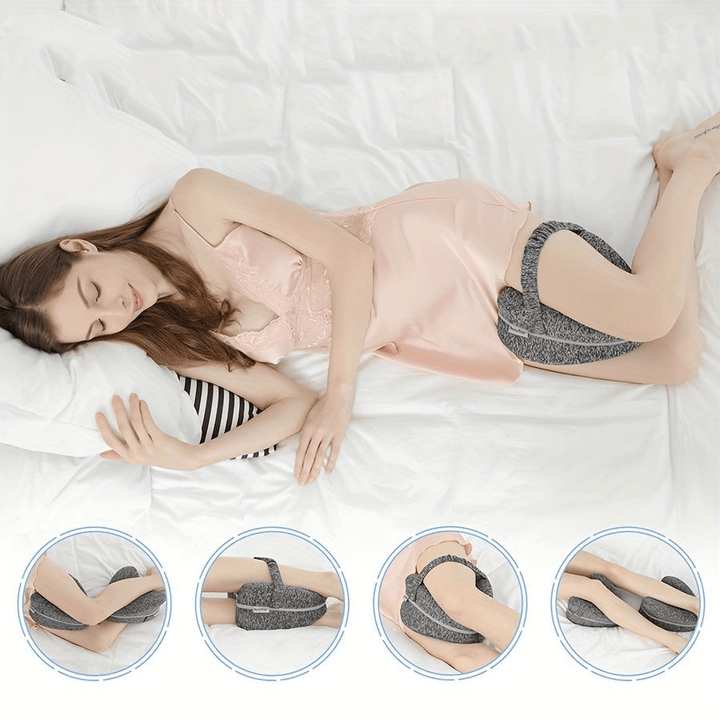 Ergonomisch memory foam kniekussen, wit, voor zijslapers; verlicht gewrichtspijn en bevordert rug- en heupuitlijning.