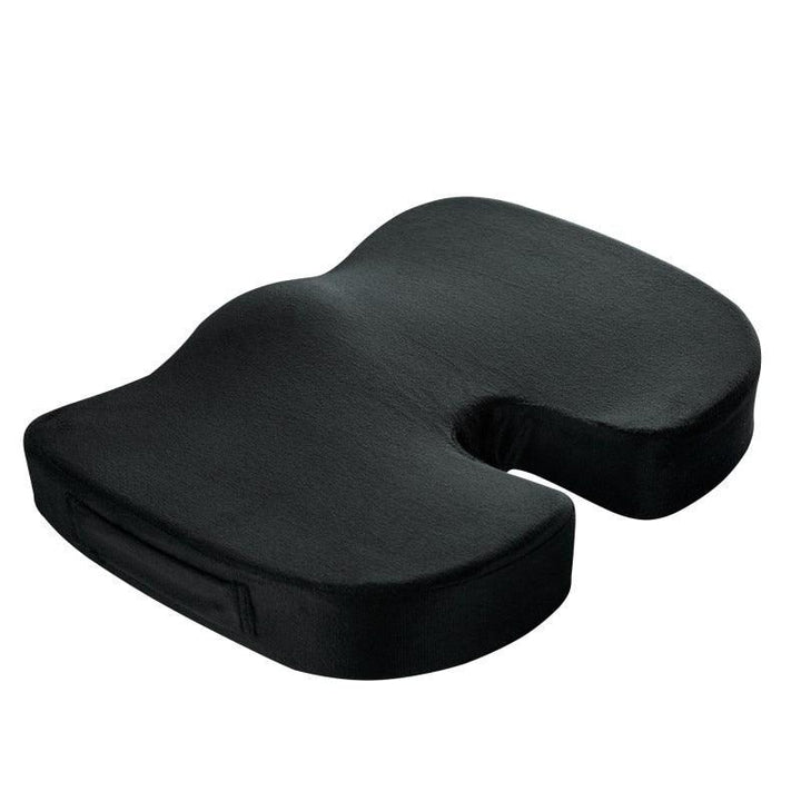 Ergonomisch orthopedisch zitkussen, traagschuim, zwart, rugondersteuning, comfortabel voor lange zit, duurzame materialen.