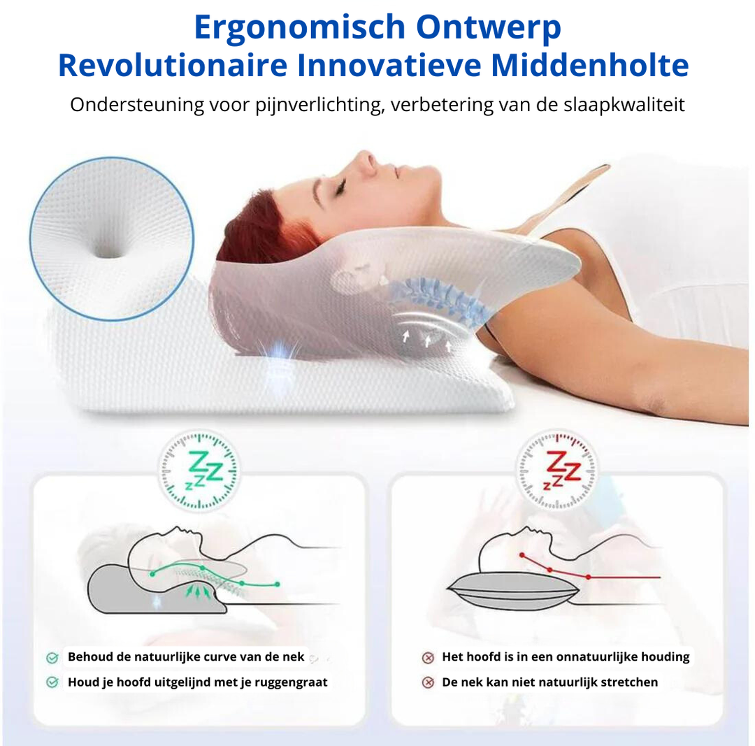 Pijnverlichtend slaapkussen met geheugenschuim; ontworpen voor optimale ondersteuning van nek en hoofd.
