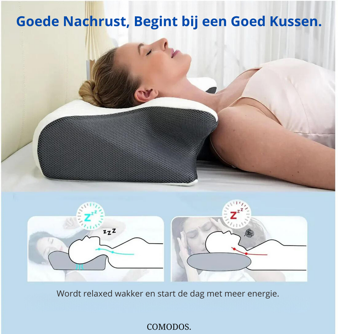 Optimale ondersteuning en comfort met dit ergonomische kussen; ideaal voor nekpijn en betere slaap.