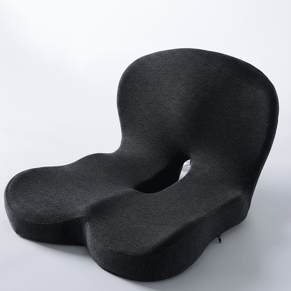 Hoogwaardig geheugenfoam zitkussen, duurzaam en wasbaar; voor langdurig comfort en een gezonde zithouding.