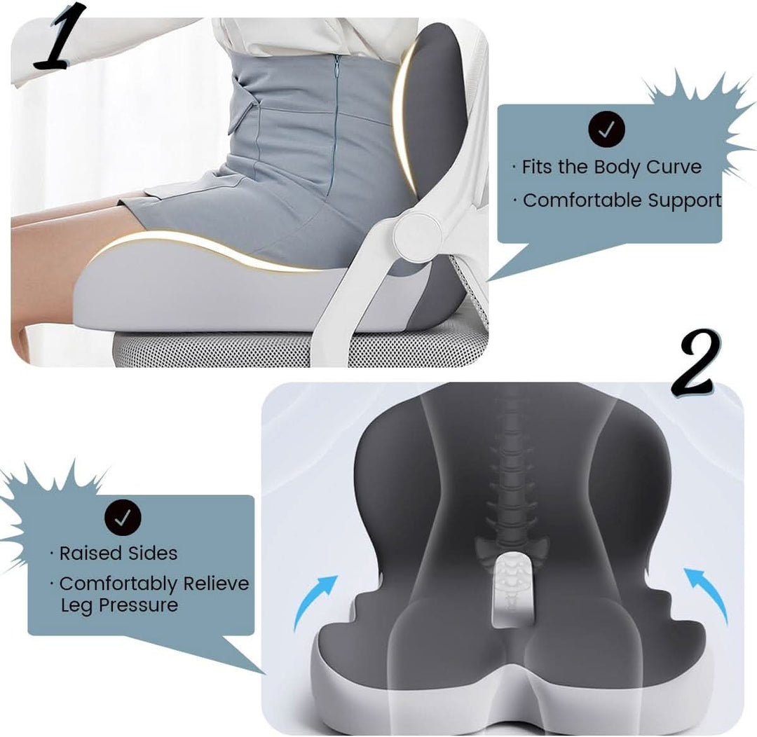 Ergonomisch zitkussen voor betere zithouding; biedt comfort en rugsteun bij werk, reizen of thuisgebruik.