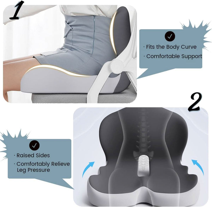 Ergonomisch zitkussen voor betere zithouding; biedt comfort en rugsteun bij werk, reizen of thuisgebruik.