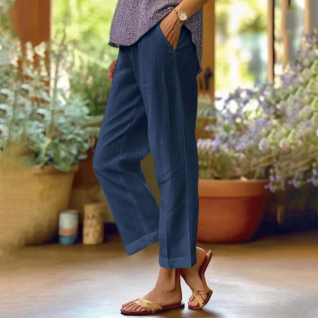 Dames high waist cropped broek in blauw met rechte pijpen
