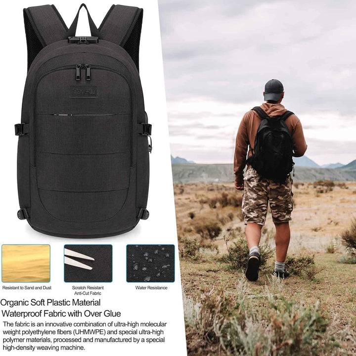 Zwarte 30-50L rugzak voor reizen, werk of school, met anti-diefstal en USB-oplaadfunctie.