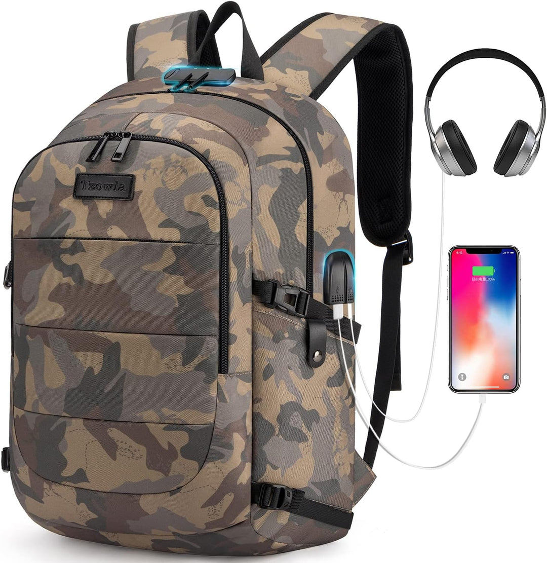 Zwarte antidiefstal schooltas/werkrugzak met USB-poort, geschikt voor grote laptops.