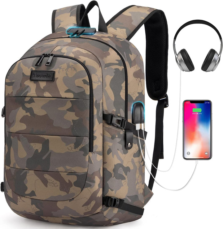 Zwarte antidiefstal schooltas/werkrugzak met USB-poort, geschikt voor grote laptops.