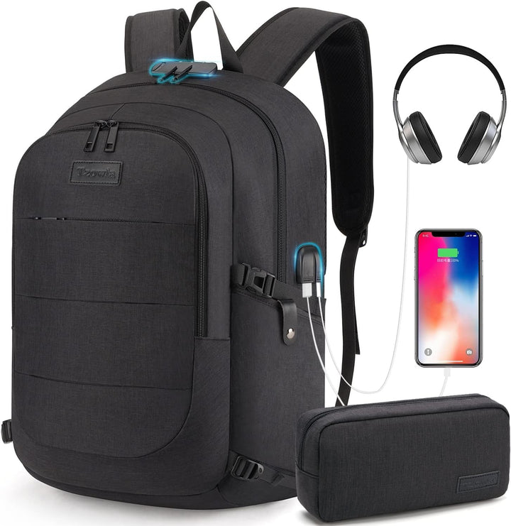 Reisvriendelijke rugzak met 30-50L volume, laptopcompartiment en USB-laadpoort.