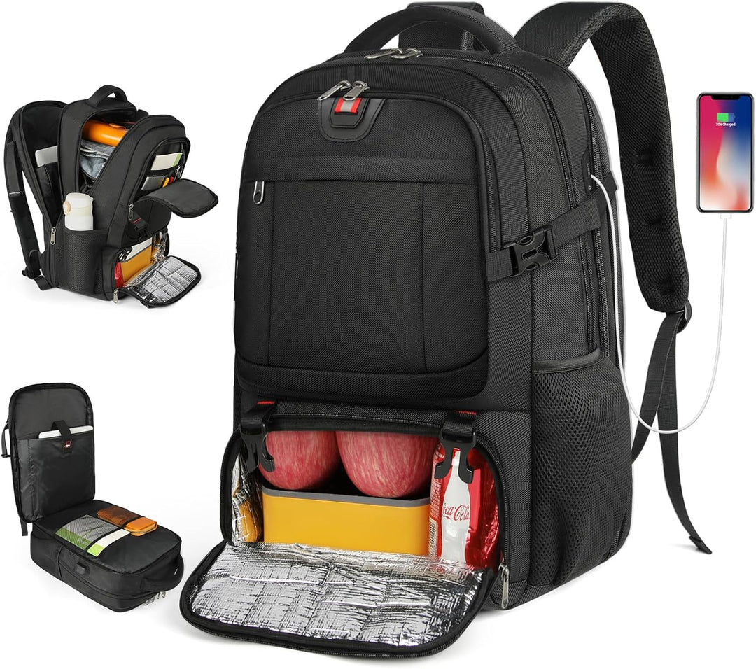 Extra grote rugzak met geïsoleerd lunchvak, laptopvak en USB-oplaadpoort. Ideaal voor werk & reizen.