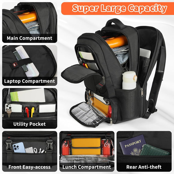 Ruime laptoprugzak voor school of werk, inclusief lunchtas en USB-oplaadpoort. Ergonomisch & praktisch.
