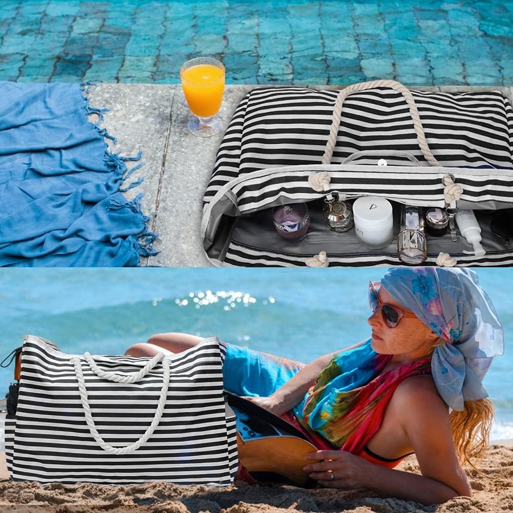 Detail van de waterdichte stof van deze extra grote dames strandtas. Duurzame zandbestendige tote bag.