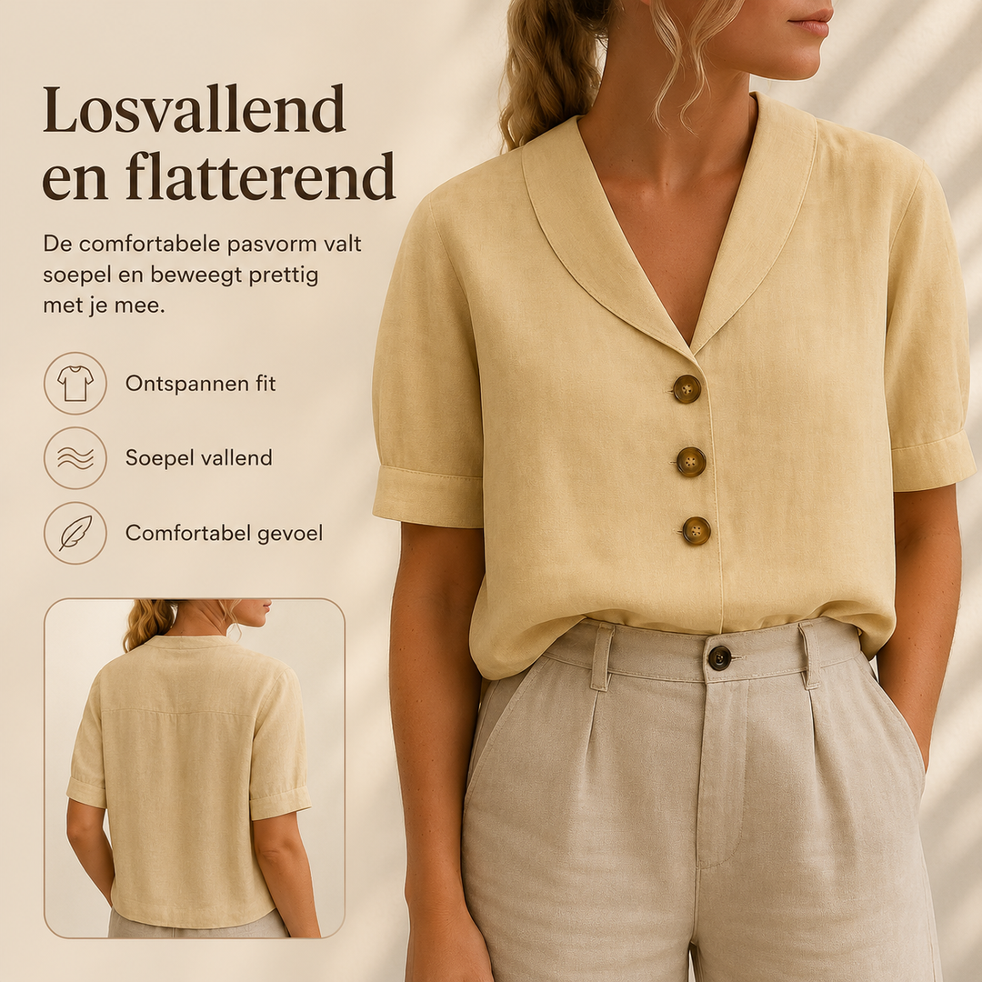 Achterkant en zijkant van een beige dames T-shirt