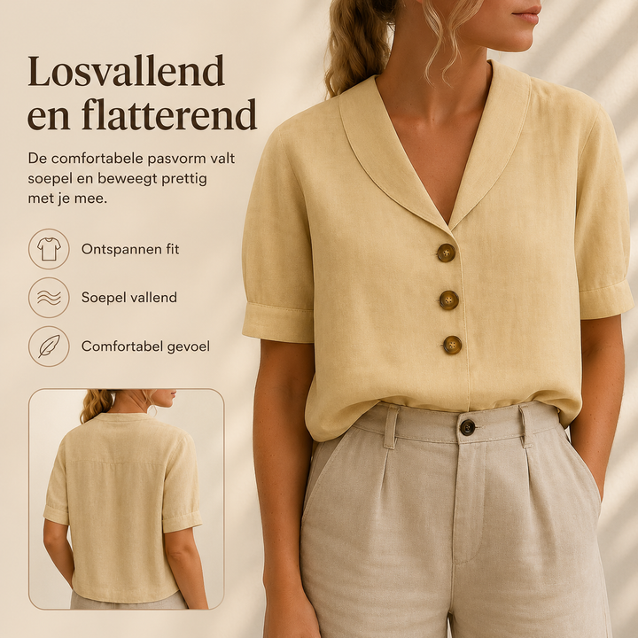 Achterkant en zijkant van een beige dames T-shirt