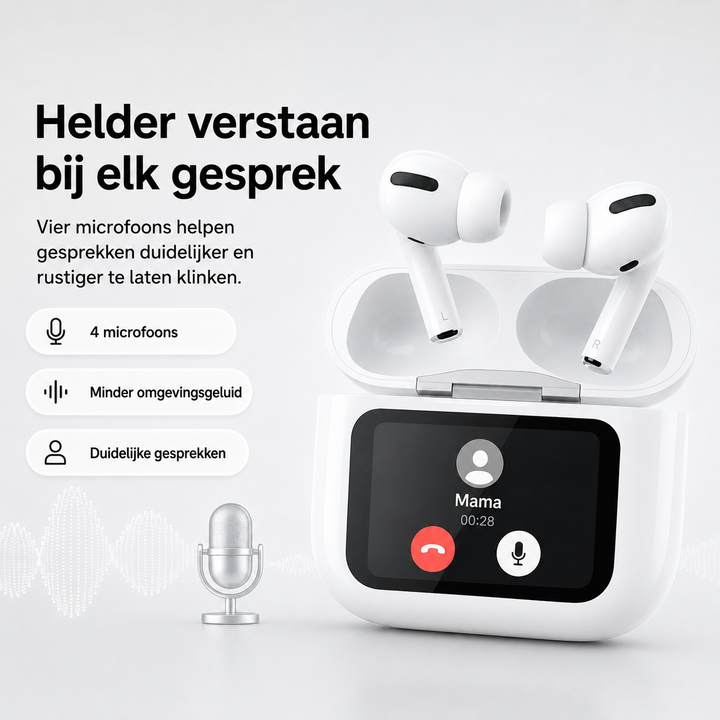 Witte en zwarte draadloze oordopjes met touchscreen oplaadcase op wit