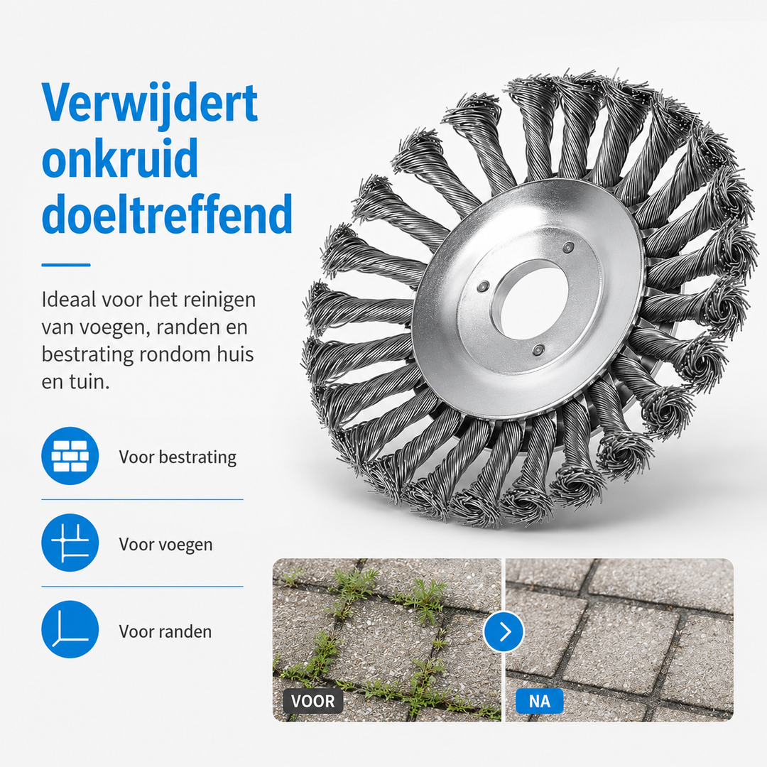 Detailopname van de metalen borstelkop en resultaat van onkruidverwijdering op tegels