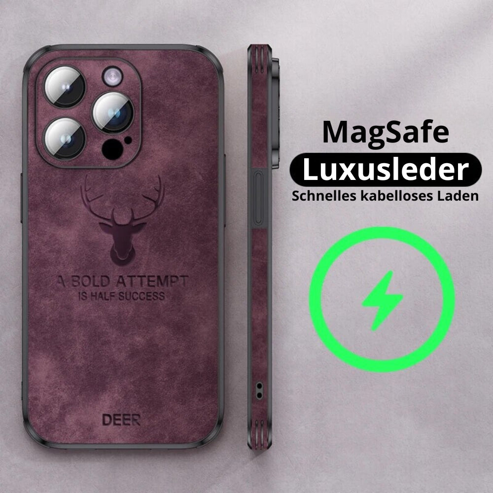 Hemelsblauw leren iPhone cover, biedt zachte aanraking en sterke bescherming.