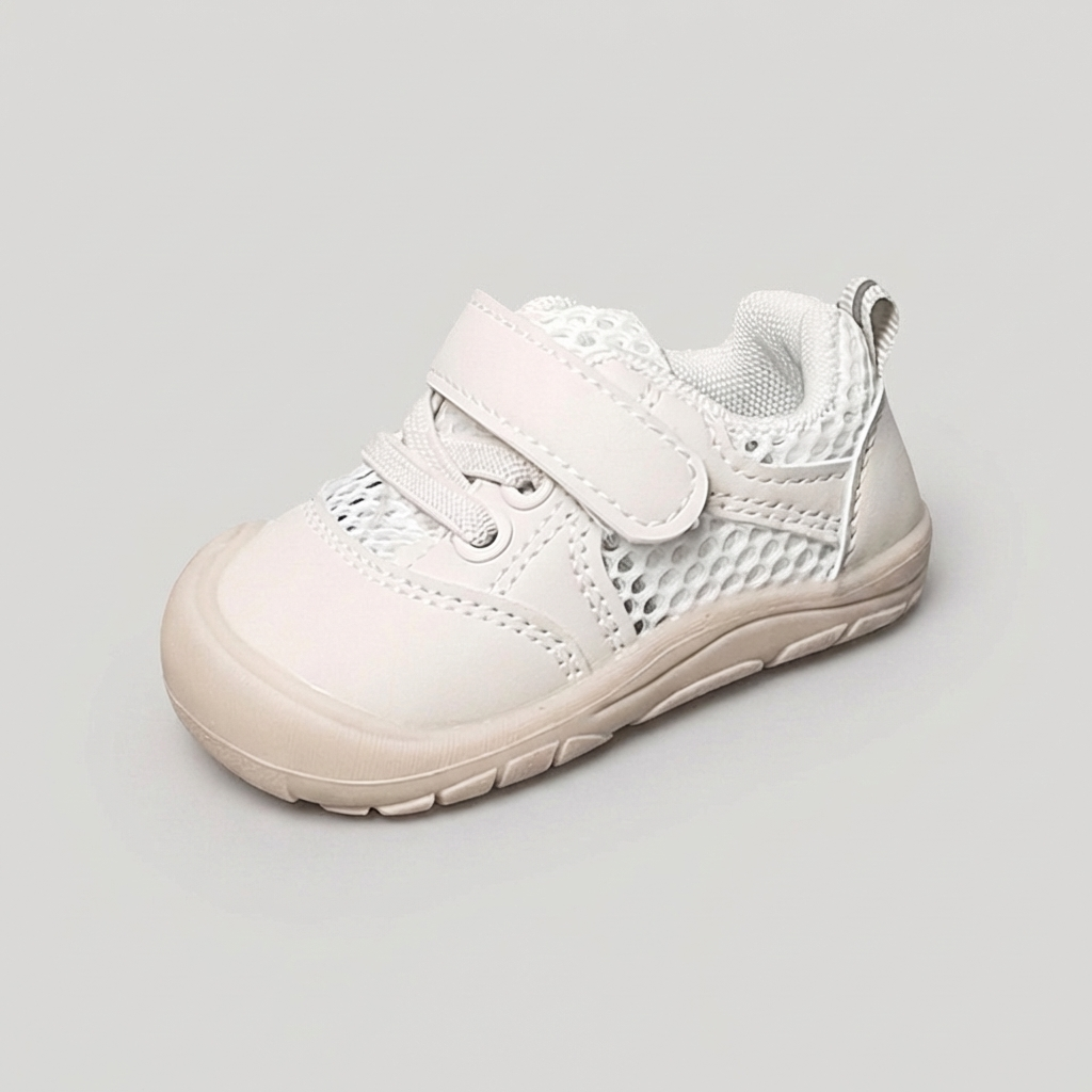 Beige flexibele blotevoeten schoenen, voor gezonde voetontwikkeling, antislip en ademend.