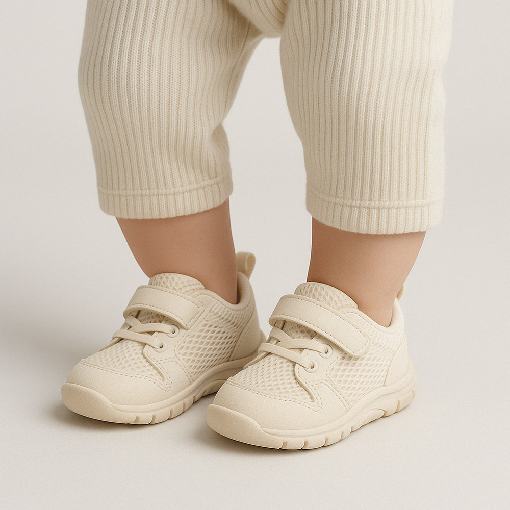 Beige antislip blotevoeten schoenen voor baby's, ademend en comfortabel voor gezonde voetjes.