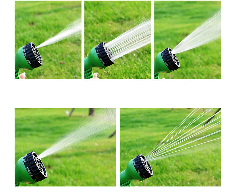 Compact opgerolde FlexaFlow waterslang, ruimtebesparend en makkelijk op te bergen na gebruik.