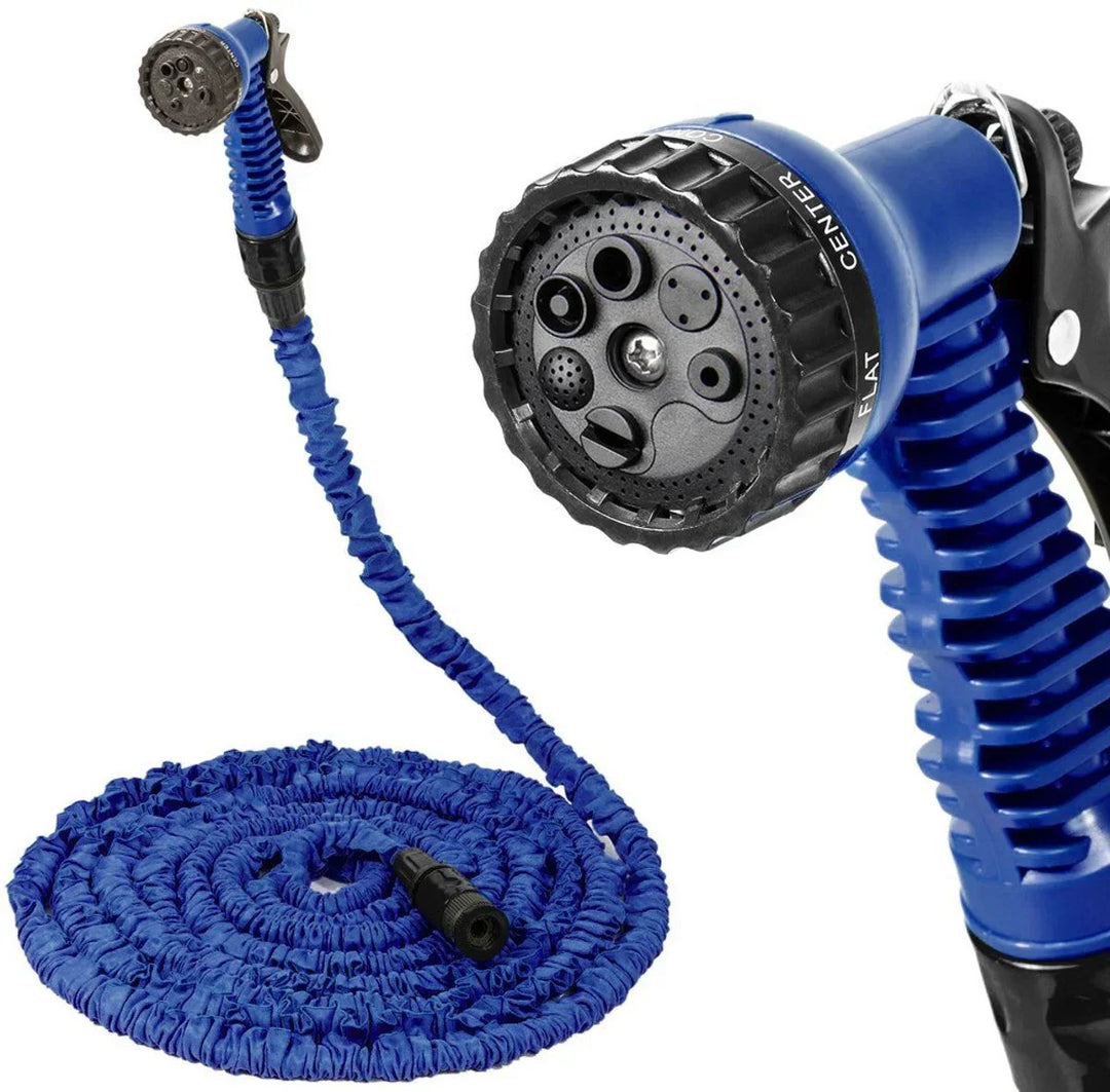 Gedetailleerde 7-standen spuitkop van de FlexaFlow tuinslang voor veelzijdig watergeven en schoonmaken.