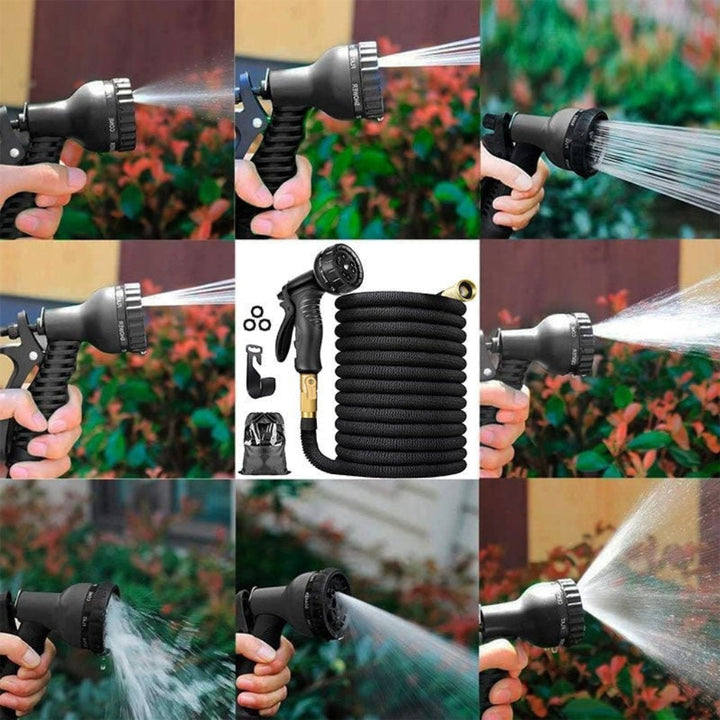Duurzame uitschuifbare tuinslang met messing koppelingen. Lichtgewicht en uitrekbaar voor efficiënte bewatering.