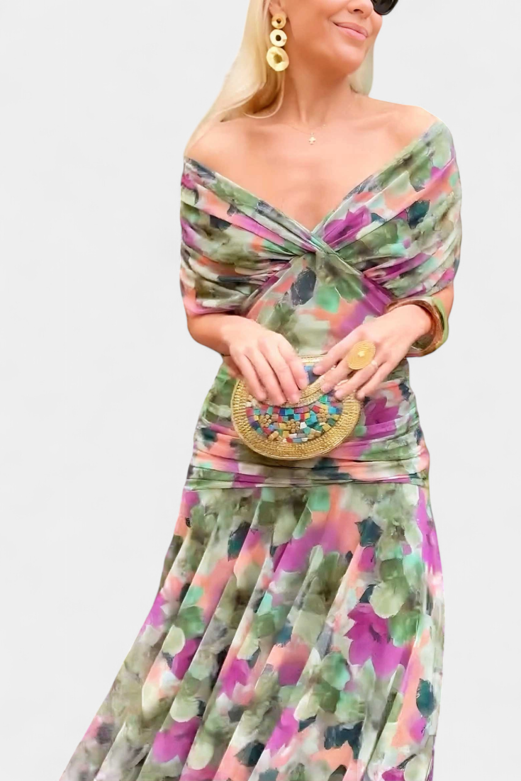 Dames midi jurk met overslag en v-hals uitsnijding