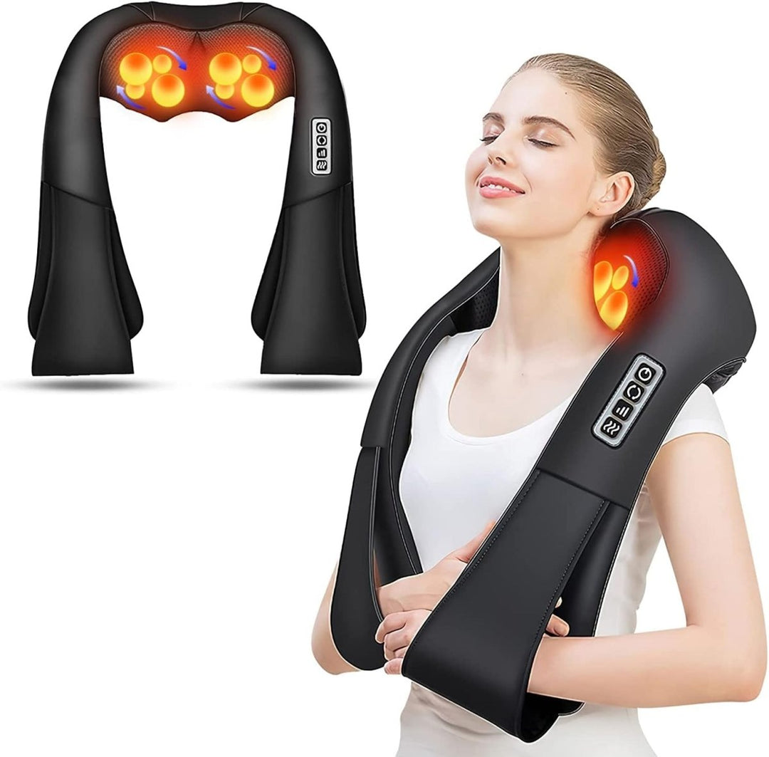 FlowRelief shiatsu massagekussen met infrarood warmte voor nek, rug en schouder ontspanning, bevordert spierontspanning.